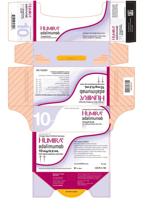 NDC 0074-0554-01 
1 SINGLE-DOSE PREFILLED PEN
29 GAUGE NEEDLE
HUMIRA® PEN 
adalimumab
40 mg/0.4 mL
FOR SUBCUTANEOUS USE ONLY
ATTENTION PHARMACIST: Each patient is required
to receive the enclosed Medication Guide.
The entire carton is to be dispensed as a unit.
Return to pharmacy if dose tray seal is broken or missing. 
THIS CARTON CONTAINS:
• 1 dose tray (containing 1 single-dose prefilled pen with 29 gauge 1/2 inch length fixed needle)
• 2 alcohol preps
• 1 Medication Guide
• 1 package insert
• 1 Instructions for Use
HUMIRA.COM
Rx only
abbvie
