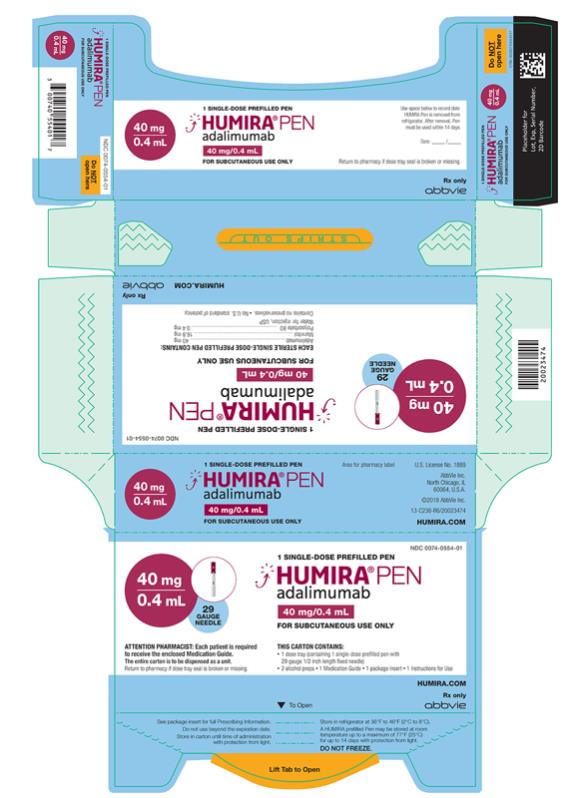 NDC 0074-0554-01 
1 SINGLE-DOSE PREFILLED PEN
29 GAUGE NEEDLE
HUMIRA® PEN 
adalimumab
40 mg/0.4 mL
FOR SUBCUTANEOUS USE ONLY
ATTENTION PHARMACIST: Each patient is required
to receive the enclosed Medication Guide.
The entire carton is to be dispensed as a unit.
Return to pharmacy if dose tray seal is broken or missing. 
THIS CARTON CONTAINS:
• 1 dose tray (containing 1 single-dose prefilled pen with 29 gauge 1/2 inch length fixed needle)
• 2 alcohol preps
• 1 Medication Guide
• 1 package insert
• 1 Instructions for Use
HUMIRA.COM
Rx only
abbvie
