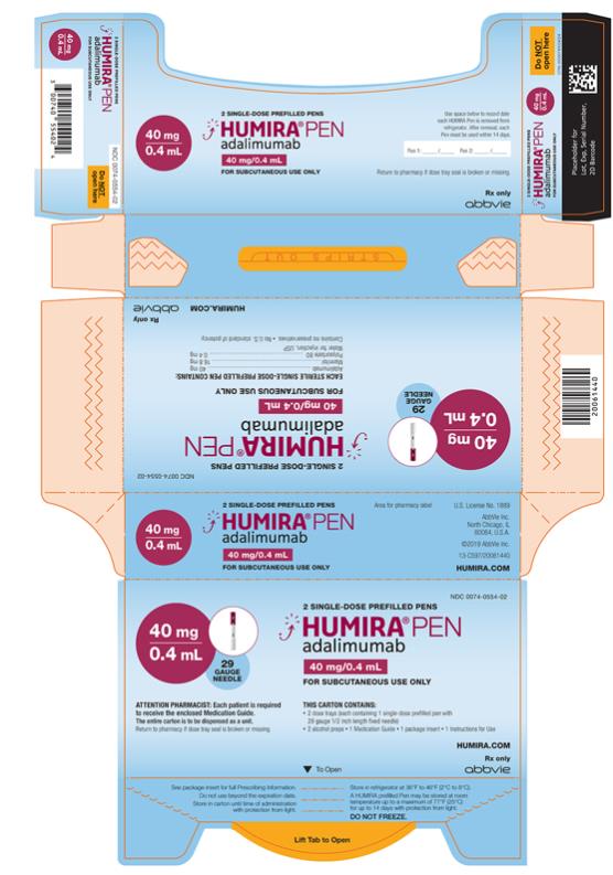 NDC 0074-0554-02 
2 SINGLE-DOSE PREFILLED PENS
HUMIRA® PEN 
adalimumab
40 mg/0.4 mL
FOR SUBCUTANEOUS USE ONLY
40 mg/0.4 mL
29 GAUGE NEEDLE 
ATTENTION PHARMACIST: Each patient is required
to receive the enclosed Medication Guide.
The entire carton is to be dispensed as a unit.
Return to pharmacy if dose tray seal is broken or missing. 
THIS CARTON CONTAINS:
• 2 dose trays (each containing 1 single-dose prefilled pen
with 29 gauge 1/2 inch length fixed needle) 
• 2 alcohol preps
• 1 Medication Guide
• 1 package insert
• 1 Instructions for Use
HUMIRA.COM
Rx only
abbvie
