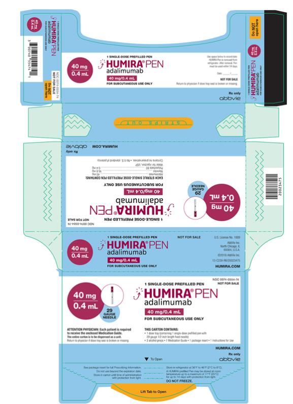 NDC 0074-0554-74 
NOT FOR SALE
1 SINGLE-DOSE PREFILLED PEN
29 GAUGE NEEDLE
HUMIRA® PEN 
adalimumab
40 mg/0.4 mL
FOR SUBCUTANEOUS USE ONLY
ATTENTION PHYSICIAN: Each patient is required
to receive the enclosed Medication Guide.
The entire carton is to be dispenses as a unit.
Return to physician if dose tray seal is broken or missing. 
THIS CARTON CONTAINS:
• 1 dose tray (containing 1 single-dose prefilled pen
with 29 gauge 1/2 inch length fixed needle) 
• 2 alcohol preps
• 1 Medication Guide
• 1 package insert
• I Instructions for Use
HUMIRA.COM
Rx only
abbvie
