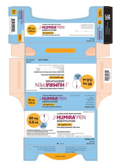 NDC 0074-0554-74 
NOT FOR SALE
1 SINGLE-DOSE PREFILLED PEN
29 GAUGE NEEDLE
HUMIRA® PEN 
adalimumab
40 mg/0.4 mL
FOR SUBCUTANEOUS USE ONLY
ATTENTION PHYSICIAN: Each patient is required
to receive the enclosed Medication Guide.
The entire carton is to be dispenses as a unit.
Return to physician if dose tray seal is broken or missing. 
THIS CARTON CONTAINS:
• 1 dose tray (containing 1 single-dose prefilled pen
with 29 gauge 1/2 inch length fixed needle) 
• 2 alcohol preps
• 1 Medication Guide
• 1 package insert
• I Instructions for Use
HUMIRA.COM
Rx only
abbvie
