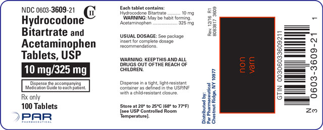 This is an image of the Hydrocodone Bitartrate and Acetaminophen Tablets, USP 10 mg/325 mg label