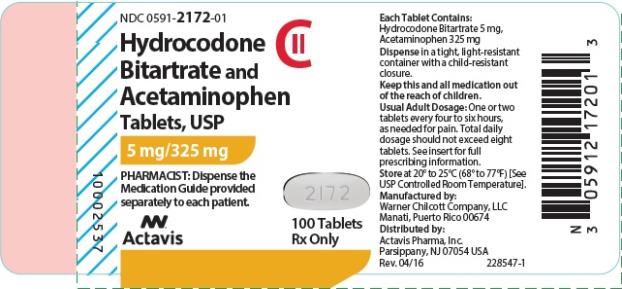 PRINCIPAL DISPLAY PANEL
NDC 0591-2172-01
Hydrocodone
Bitartrate and
Acetaminophen
Tablets, USP
5 mg/ 325 mg
100 Tablets
Rx Only
