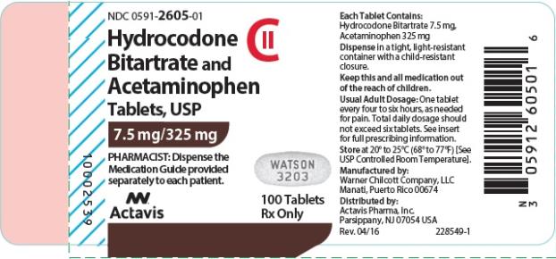PRINCIPAL DISPLAY PANEL
NDC 0591-2605-01
Hydrocodone
Bitartrate and
Acetaminophen
Tablets, USP
7.5 mg/ 325 mg
100 Tablets
Rx Only
