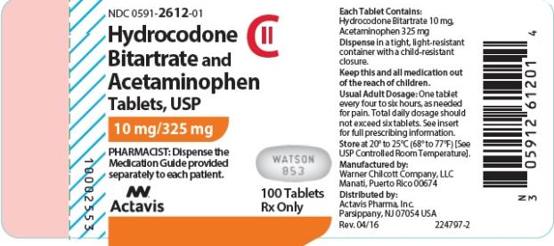 PRINCIPAL DISPLAY PANEL
NDC 0591-2612-01
Hydrocodone
Bitartrate and
Acetaminophen
Tablets, USP
10 mg/ 325 mg
100 Tablets
Rx Only
