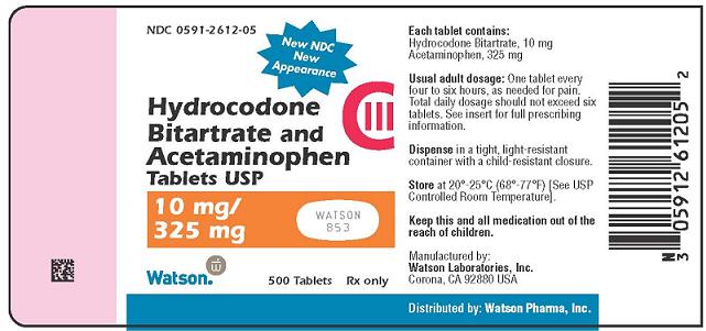 PRINCIPAL DISPLAY PANEL NDC 0591-0853-01 Hydrocodone Bitartrate and Acetaminophen Tablets USP CIII 10 mg/ 325 mg Watson 100 Tablets Rx only