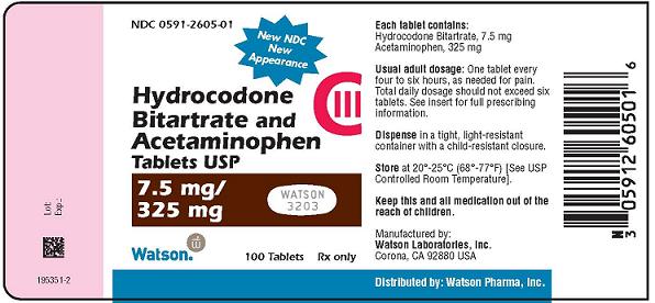 NDC 0591-2605-01 New NDC New Appearance Hydrocodone Bitartrate and Acetaminophen Tablets USP 7.5 mg/325 mg Watson 100 Tablets Rx only