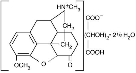 The following structural formula for Hydrocodone bitartrate is a semisynthetic opioid agonist. Its chemical name is: 4,5 α-epoxy-3­ methoxy-17-methylmorphinan-6-one tartrate (1:1) hydrate (2:5). Its chemical formula is: C18H21NO3•C4H6O6•2½H2O, and the molecular weight is 494.50.