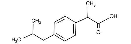 The following structural formula for Ibuprofen is a nonsteroidal anti-inflammatory agent [non-selective COX inhibitor] with analgesic and antipyretic properties. Its chemical name is: (±)-2-(p-isobutylphenyl) propionic acid. Its chemical formula is: C13H18O2, and the molecular weight is: 206.29.