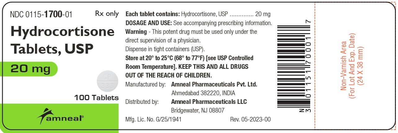 Hydrocortisonce Tablets, USP - 20 mg, 100 Tablets - NDC 0115-1700-01