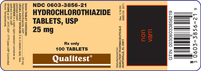 An image of the label for Hydrochlorothiazide Tablets, USP 25 mg 100 count.