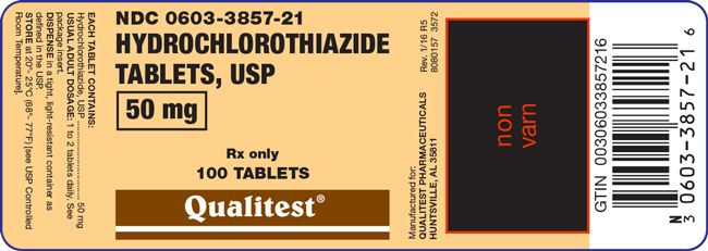 An image of the label for Hydrochlorothiazide Tablets, USP 50 mg 100 count.