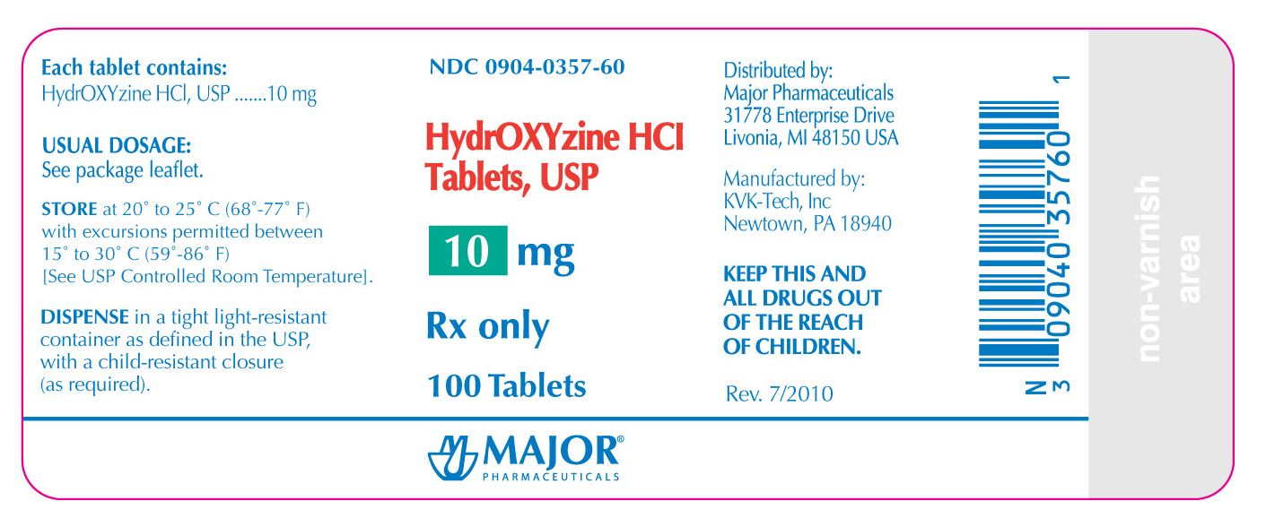 NDC 0904-0357-60 HydrOXYzine HCL Tablets, USP 10mg Rx Only 100 Tablets