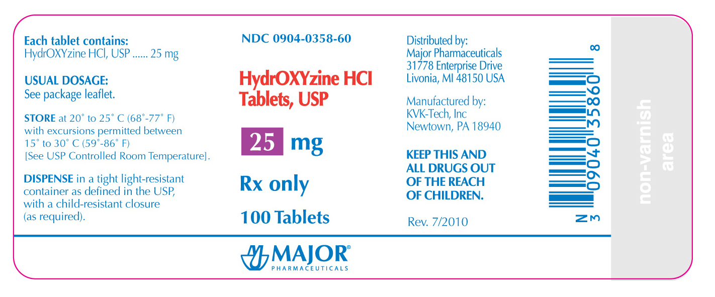 NDC 0904-0358-60 HydrOXYzine HCL Tablets, USP 25mg Rx Only 100 Tablets