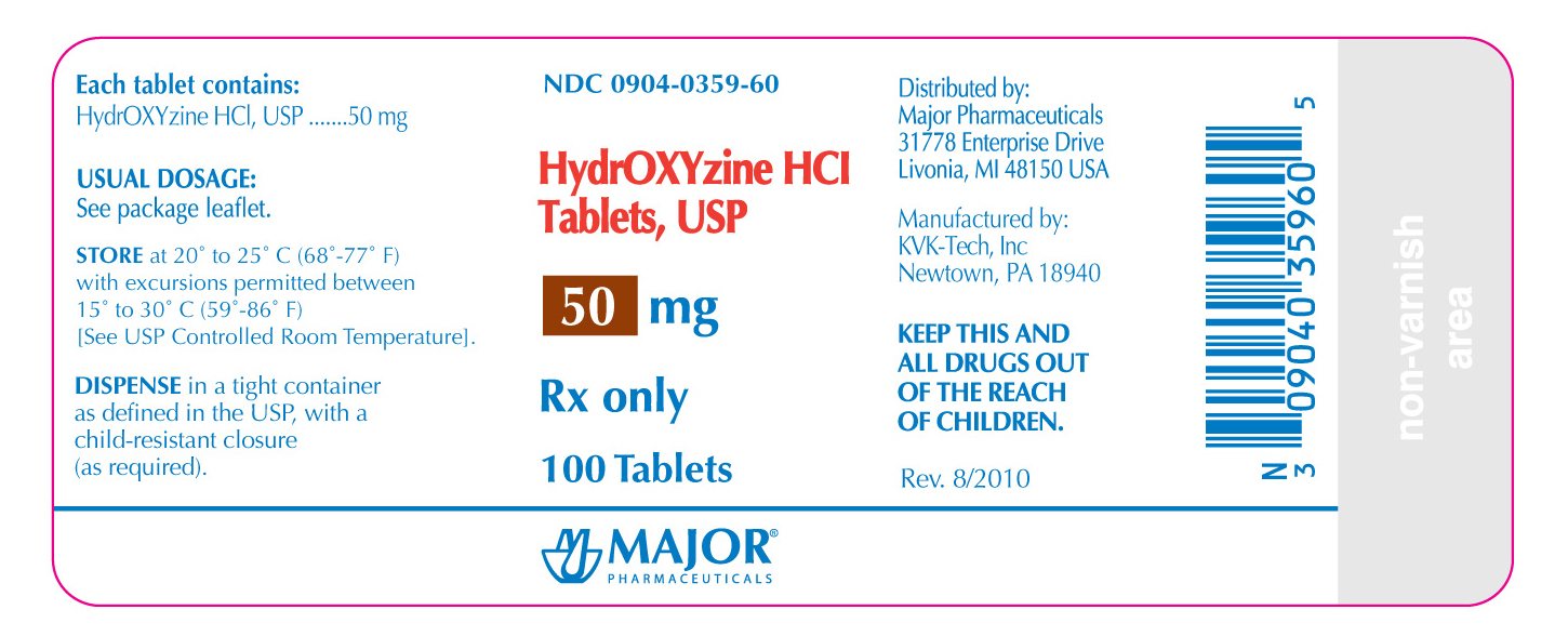 NDC 0904-0359-60 HydrOXYzine HCL Tablets, USP 50mg Rx Only 100 Tablets