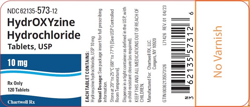 Hydroxyzine Hydrochloride Tablets, USP 10 mg - NDC 62135-573-12 - 120 Tablets Label