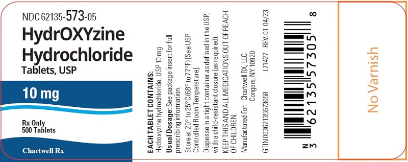 Hydroxyzine Hydrochloride Tablets, USP 10 mg - NDC 62135-573-05 - 500 Tablets Label