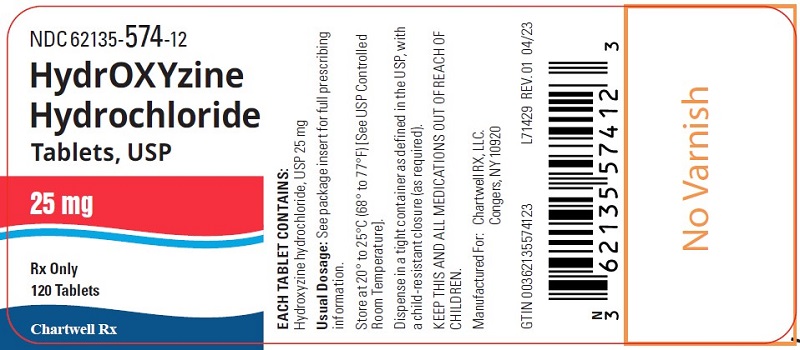 Hydroxyzine Hydrochloride Tablets, USP 25 mg - NDC 62135-574-12 - 120 Tablets Label