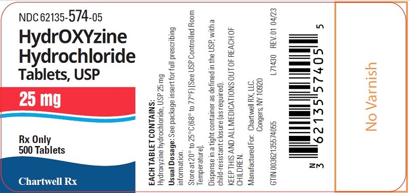 Hydroxyzine Hydrochloride Tablets, USP 25 mg - NDC 62135-574-05 - 500 Tablets Label