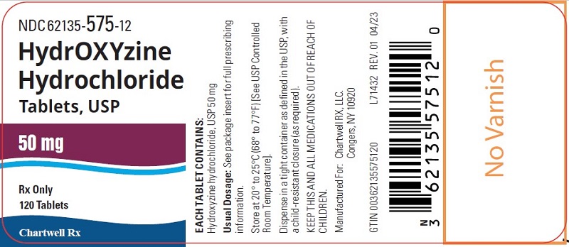 Hydroxyzine Hydrochloride Tablets, USP 50 mg - NDC 62135-575-12 - 120 Tablets Label