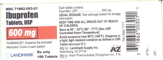 PRINCIPAL DISPLAY PANEL
NDC 71862-003-01
Ibuprofen
Tablets, USP
600 mg
100 Tablets
Rx Only
