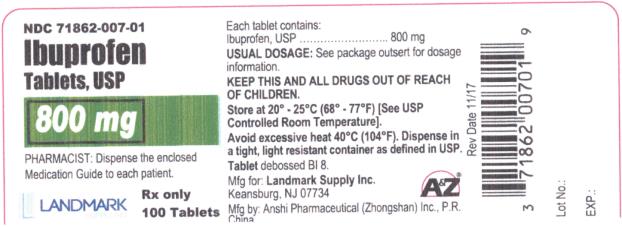 PRINCIPAL DISPLAY PANEL
NDC 71862-007-01
Ibuprofen
Tablets, USP
800 mg
100 Tablets
Rx Only
