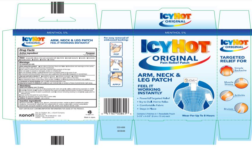 ICY HOT®  
ORIGINAL
Pain Relief Patch
Menthol 5%
ICY to DULL, HOT to RELAX
Wear for up to 8 Hours
Small Patch
3-1/8” x 4-5/8” (8 cm x 12 cm) each
ARM. NECK & LEG PATCH
Contains 5 Patches in 1 Resealable Pouch
