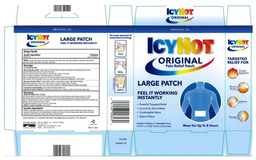 Principal Display Panel
ICY HOT®  
ORIGINAL
Pain Relief Patch
Menthol 5%
ICY to DULL, HOT to RELAX
Wear for up to 8 Hours
LARGE PATCH
3-15/16” x 7-13/16” (10 cm x 20 cm) each
Contains 5 Patches In 1 Resealable Pouch
