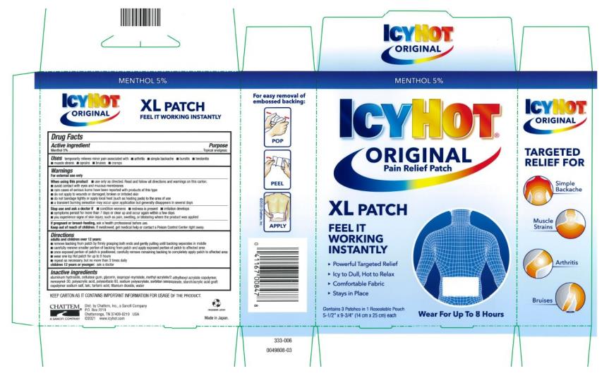 Principal Display Panel
ICY HOT®  
ORIGINAL
Pain Relief Patch
Menthol 5%
ICY to DULL, HOT to RELAX
Wear for up to 8 Hours
XL PATCH
5-1/2” x 9-3/4” (14 cm x 25 cm) each
Contains 3 Patches In 1 Resealable Pouch
