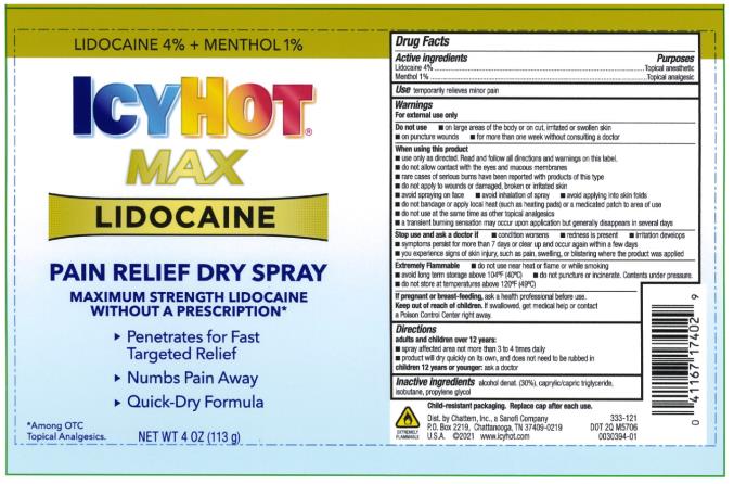 LIDOCAINE 4% + MENTHOL 1%
ICY HOT
MAX
LIDOCAINE
PAIN RELIEF DRY SPRAY 
NET WT 4 OZ (113 g) 
