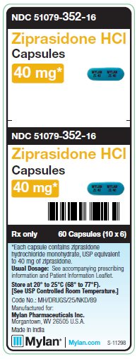 Ziprasidone HCl 40 mg Capsules Unit Carton Label