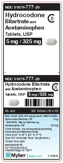 Hydrocodone Bitartrate & Acetaminophen 5 mg/325 mg Tablets Unit Carton Label