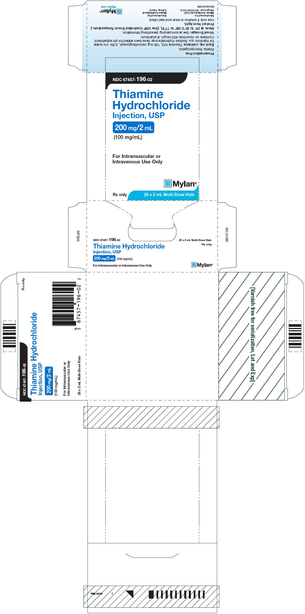 Thiamine Hydrochlordie Injection, USP 200 mg/2 mL Carton Label
