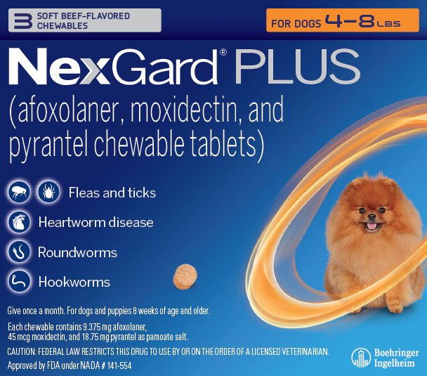 Picture of display carton containing 3 chewables for dogs 4 - 8 lbs