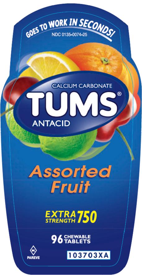 Tums Extra Strength Assorted Fruit 96 count front label