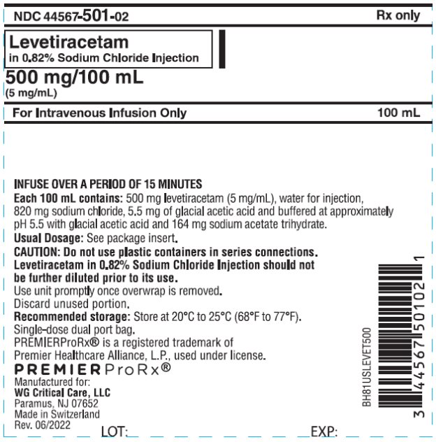 Premier Levetiracetam in 0.8% Sodium Chloride Injection 500 mg/100 mL carton image