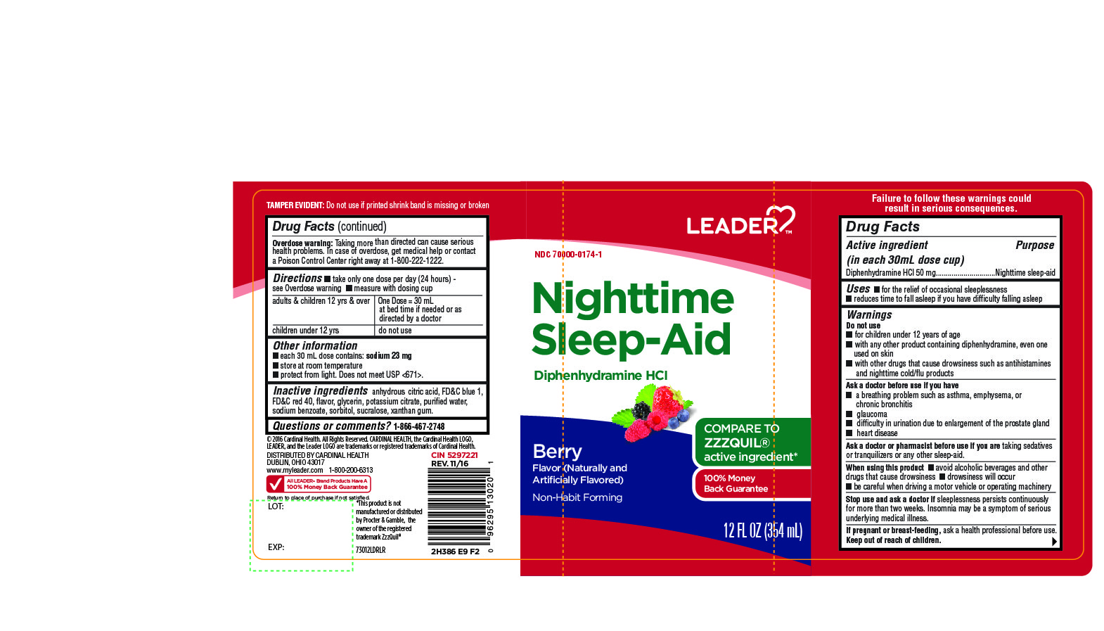 Leader Nighttime Sleep Aid Berry Flavor 12FL OZ 354 mL