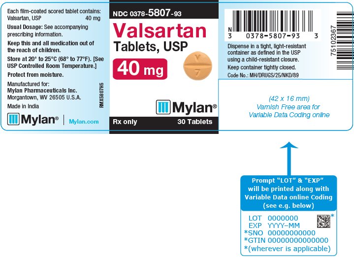 Valsartan Tablets, USP 40 mg Bottle Label