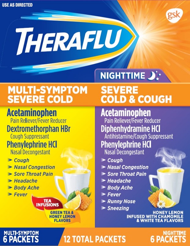 Theraflu Multi-Symptom Severe Cold and Night Severe Cold & Cough copack 12 count carton.