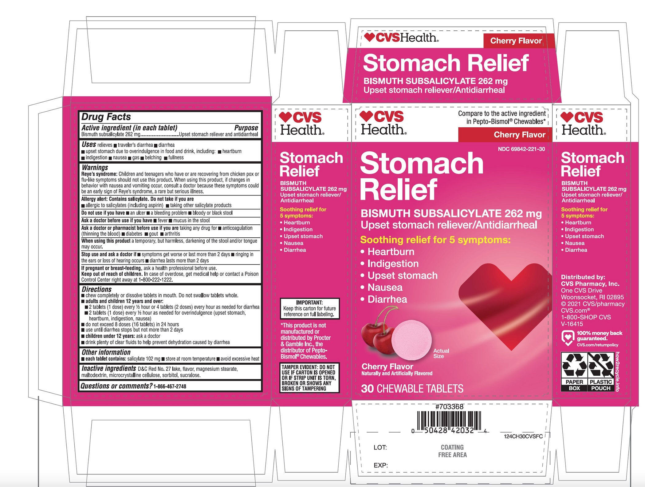 CVS Stomach relief 30 chewable tablets Bismuth Subsaclicylate