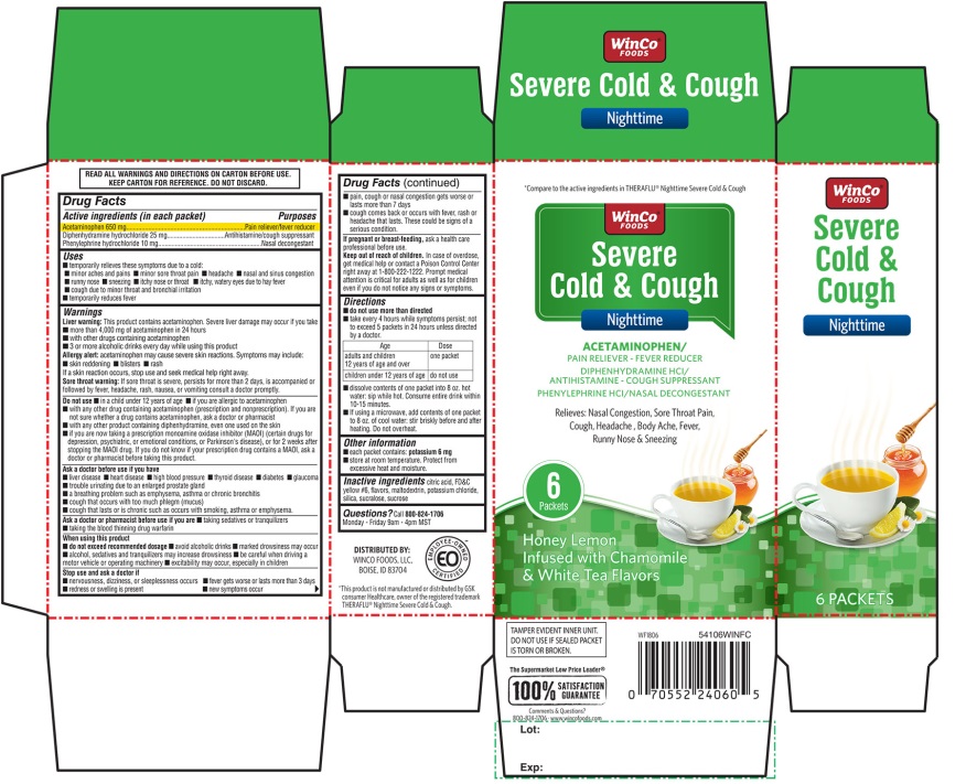 WinCo FOODS Severe Cold & Cough Nighttime  Honey Lemon Infused with Chamomile & White Tea Flavors 6 Packets