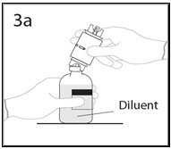 Place the diluent bottle on a flat surface and hold the bottle to prevent slipping. Use exposed end of transfer device to spike diluent bottle perpendicularly through center of the stopper