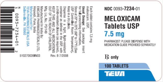 Meloxicam Tablets USP 7.5 mg 100s Label