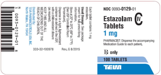 Estazolam Tablets 1 mg CIV, 100s Label