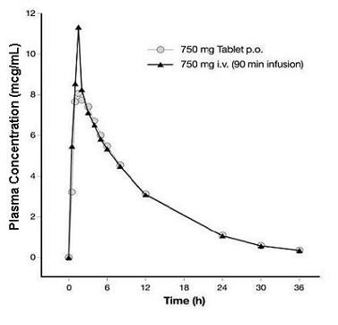 Figure 2: Mean Levofloxacin Plasma Concentration vs. Time Profile: 750 mg