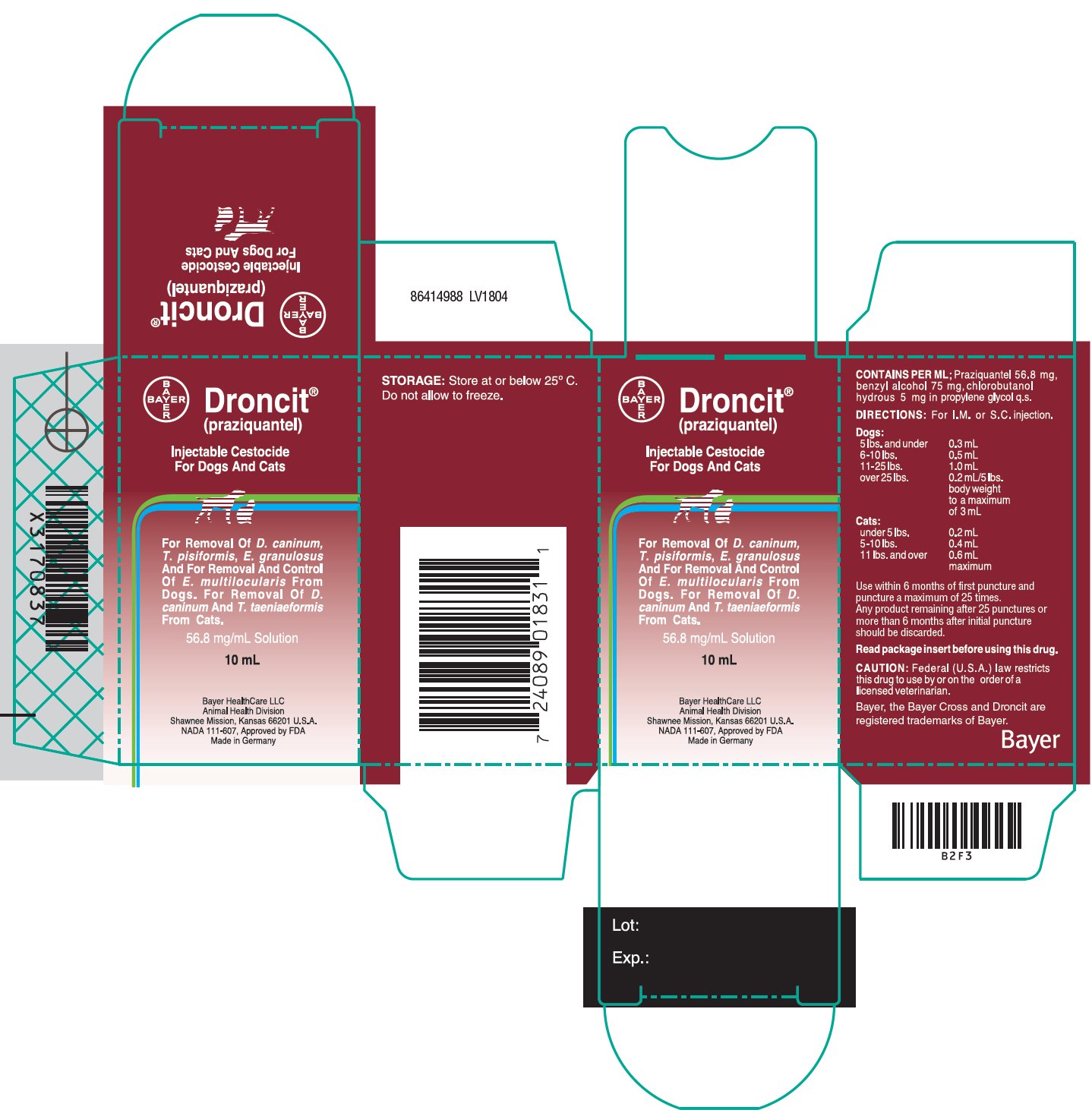 Droncit (praziquantel) Injectable Cestocide For Dogs and Cats 56.8 mg/mL Solution carton label