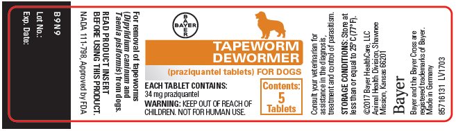 Tapeworm Dewormer (praziquantel tablets) for Dogs 34 mg unit label