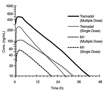 Figure 1: Mean Tramadol and M1 Plasma Concentration Profiles after a Single 100 mg Oral Dose and after Twenty-Nine 100 mg Oral Doses of Tramadol HCl given four times per day