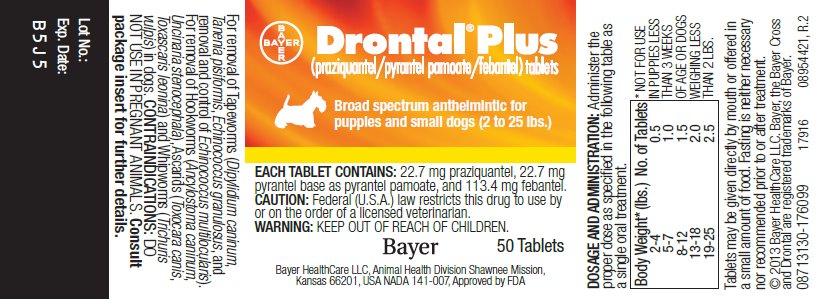Drontal Plus (praziquantel/pyrantel pamoate/febantel) tablets; Broad spectrum anthelmintic for puppies and small dogs (2 to 25 lbs.) label
