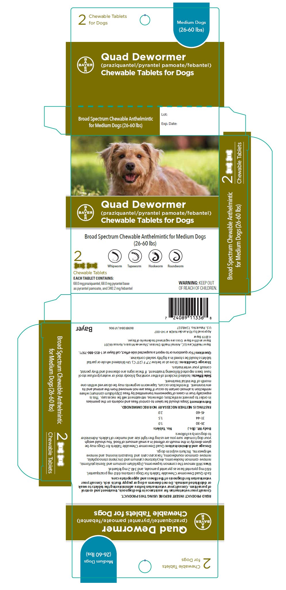 Quad Dewormer (praziquantel/pyrantel pamoate/febantel) Chewable Tablets for Dogs label - medium dogs (26-60 lbs)